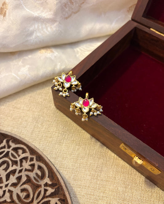 Pink and White Multicolor Lotus Bugadi – Jadau Kundan Ear Accessory | ER111