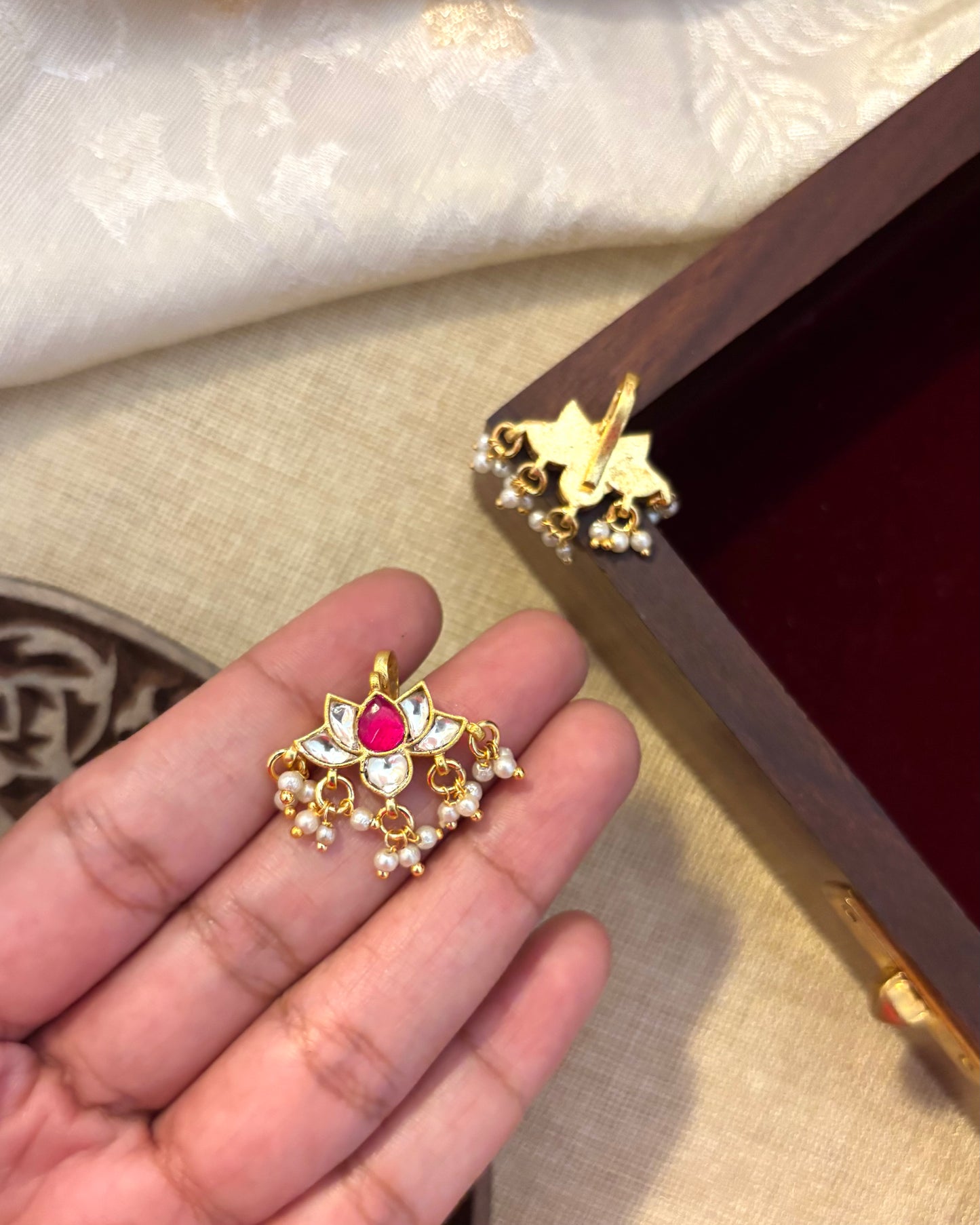 Pink and White Multicolor Lotus Bugadi – Jadau Kundan Ear Accessory | ER111