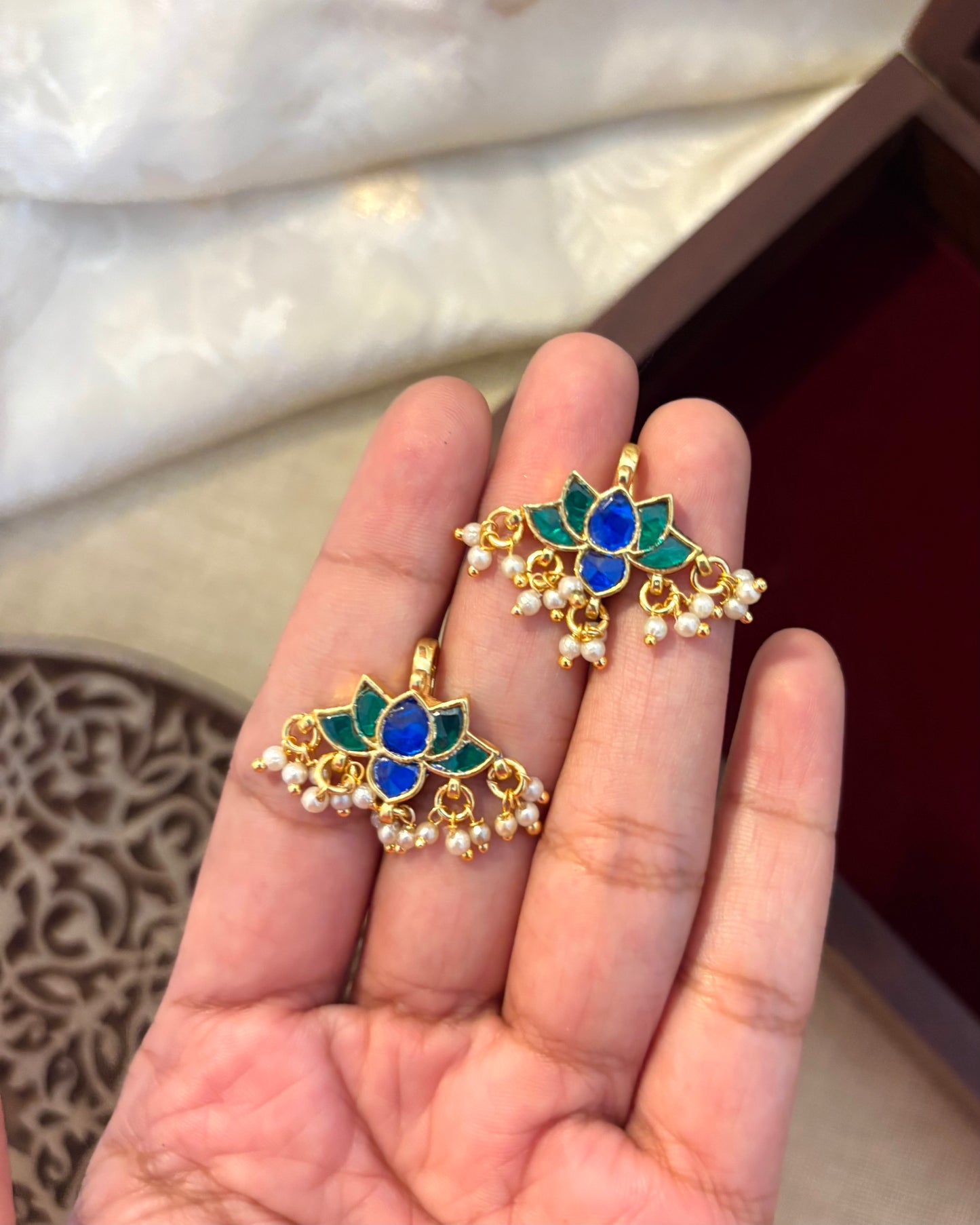Pink and White Multicolor Lotus Bugadi – Jadau Kundan Ear Accessory | ER112