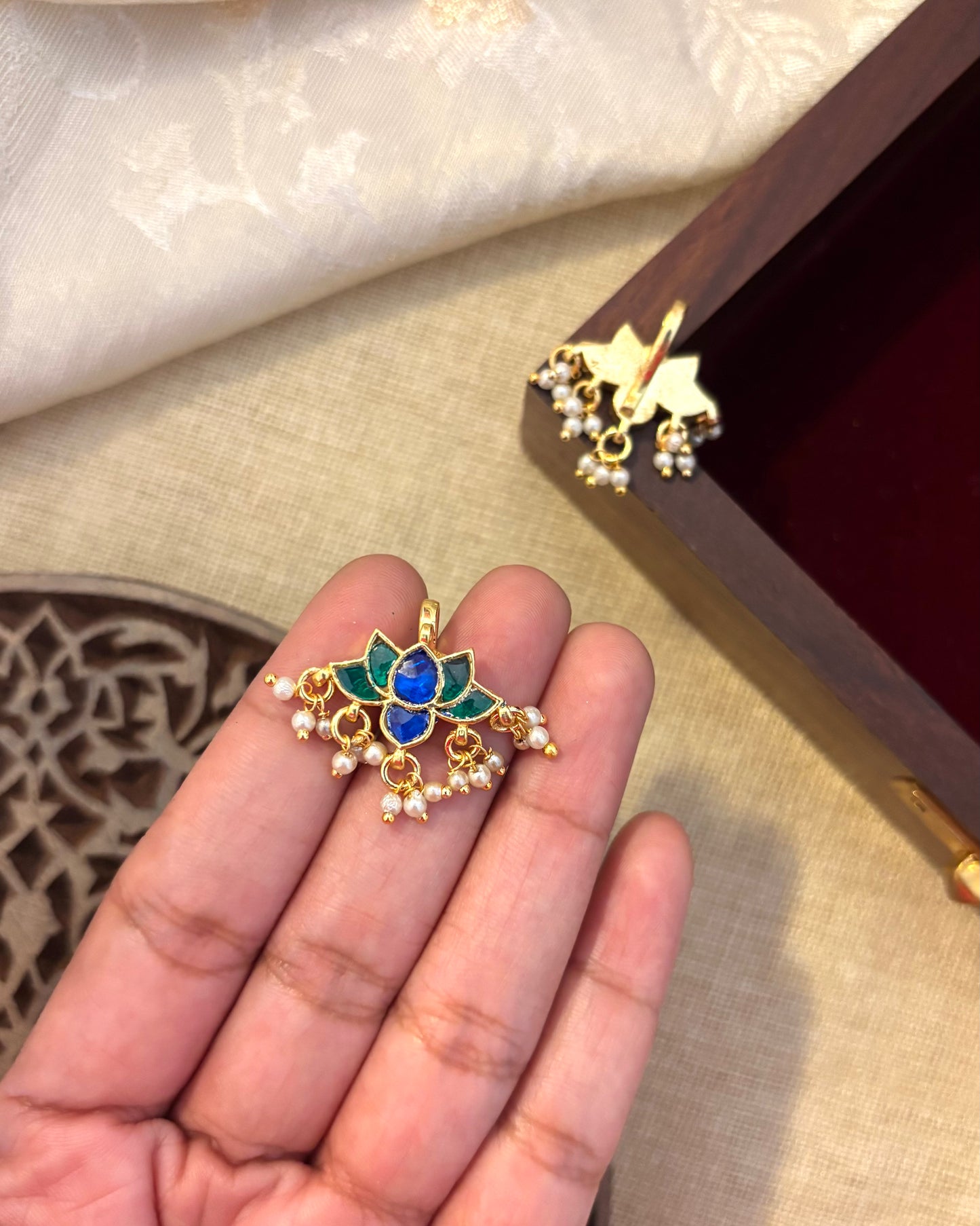 Pink and White Multicolor Lotus Bugadi – Jadau Kundan Ear Accessory | ER112