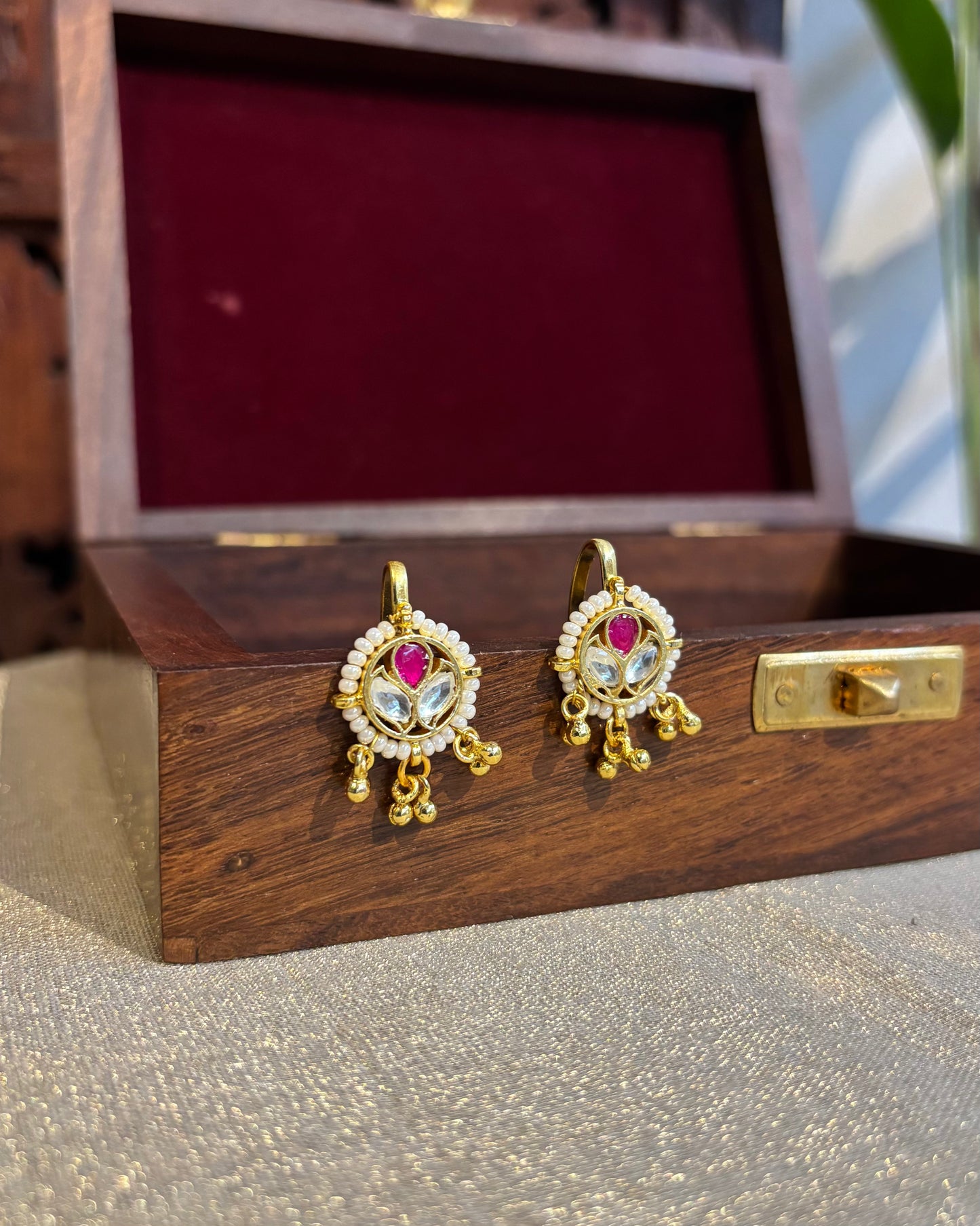 White & Ruby Handcrafted Floral Bugadi – Jadau Kundan Ear Accessory | ER168