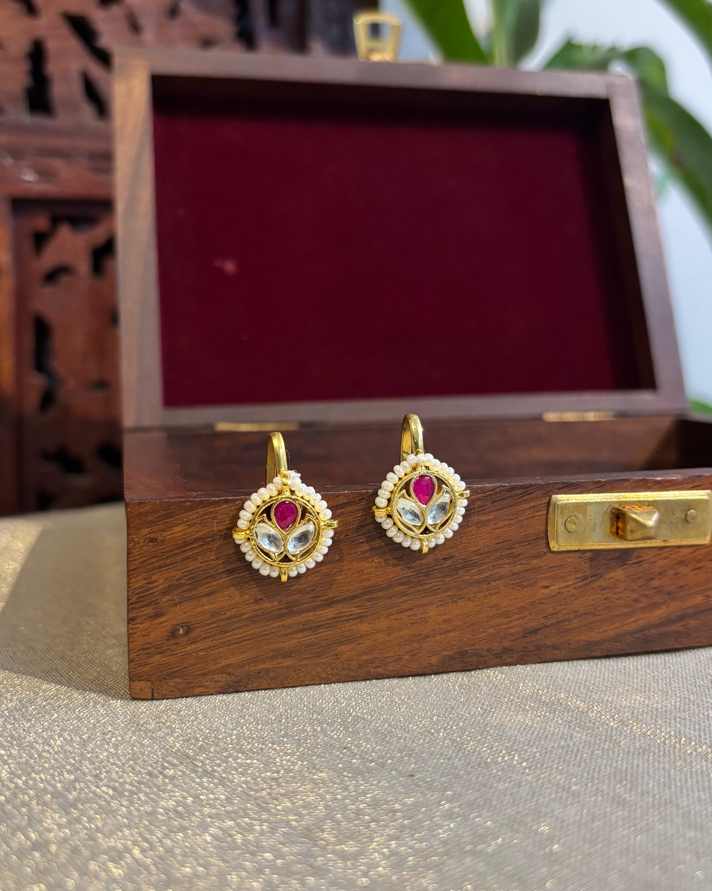 White & Ruby Handcrafted Floral Bugadi – Jadau Kundan Ear Accessory | ER165