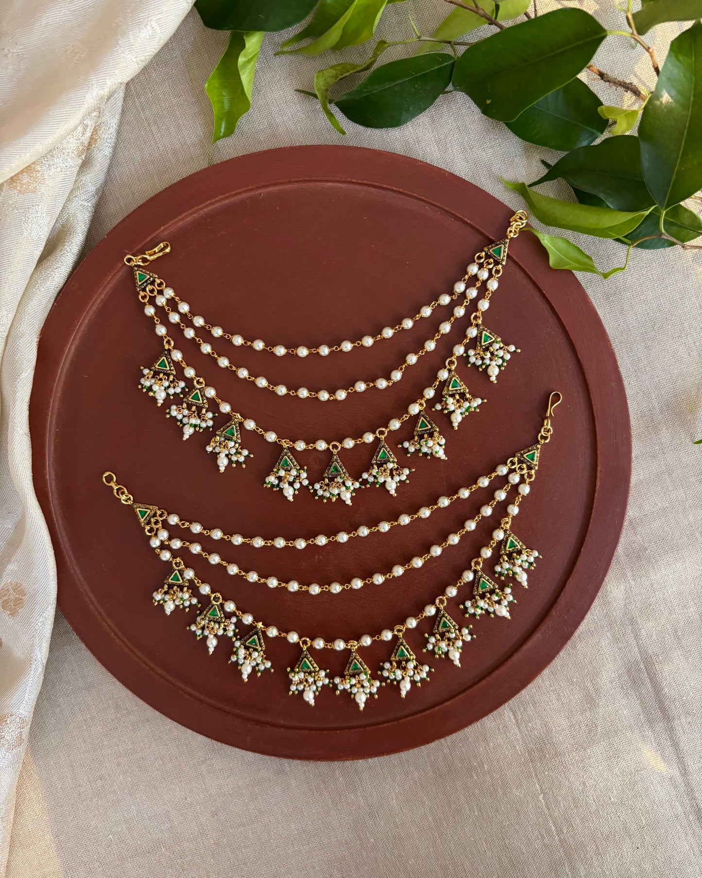Green Gold Plated Jadau Kundan Ear Chain | EC124