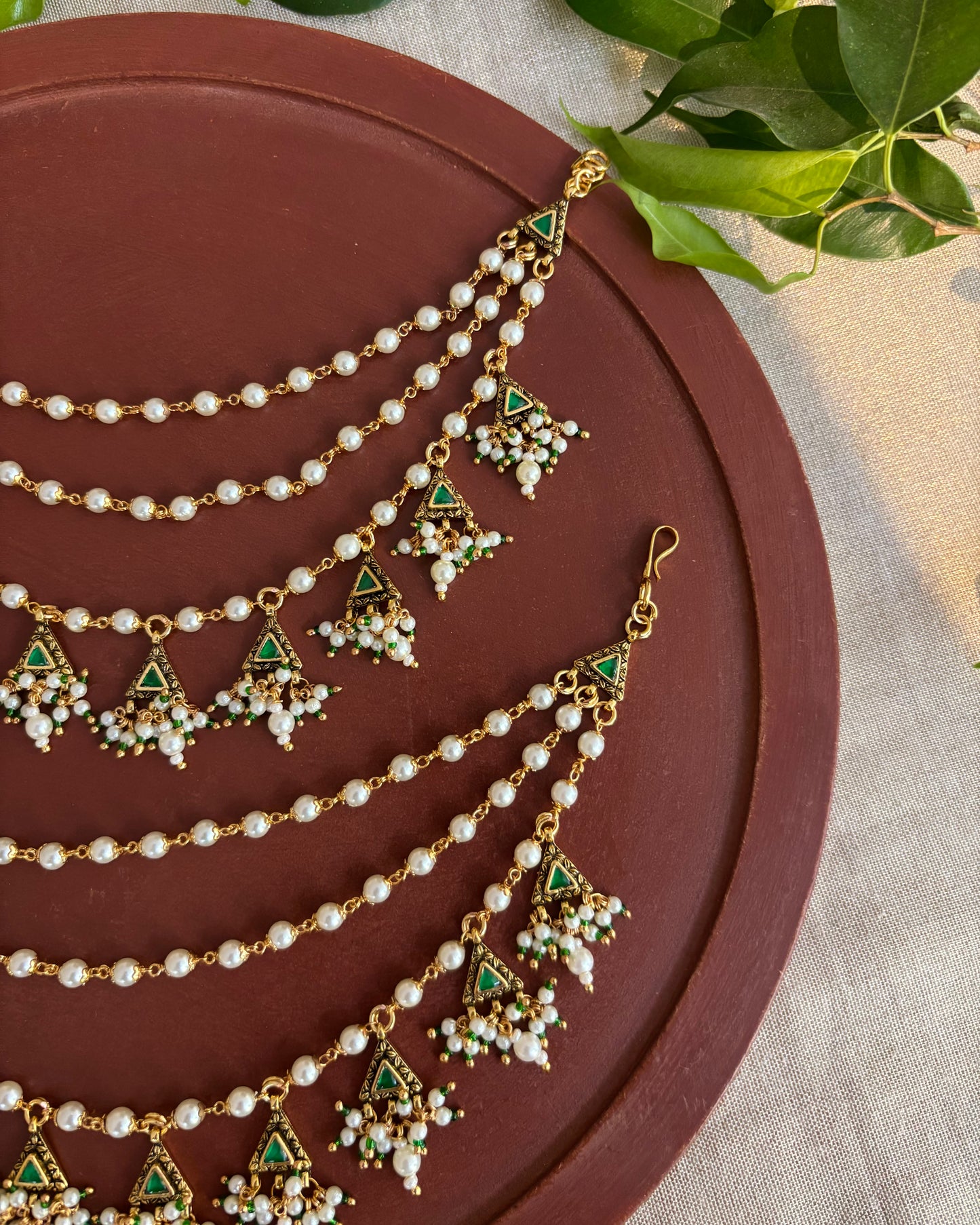 Green Gold Plated Jadau Kundan Ear Chain | EC124