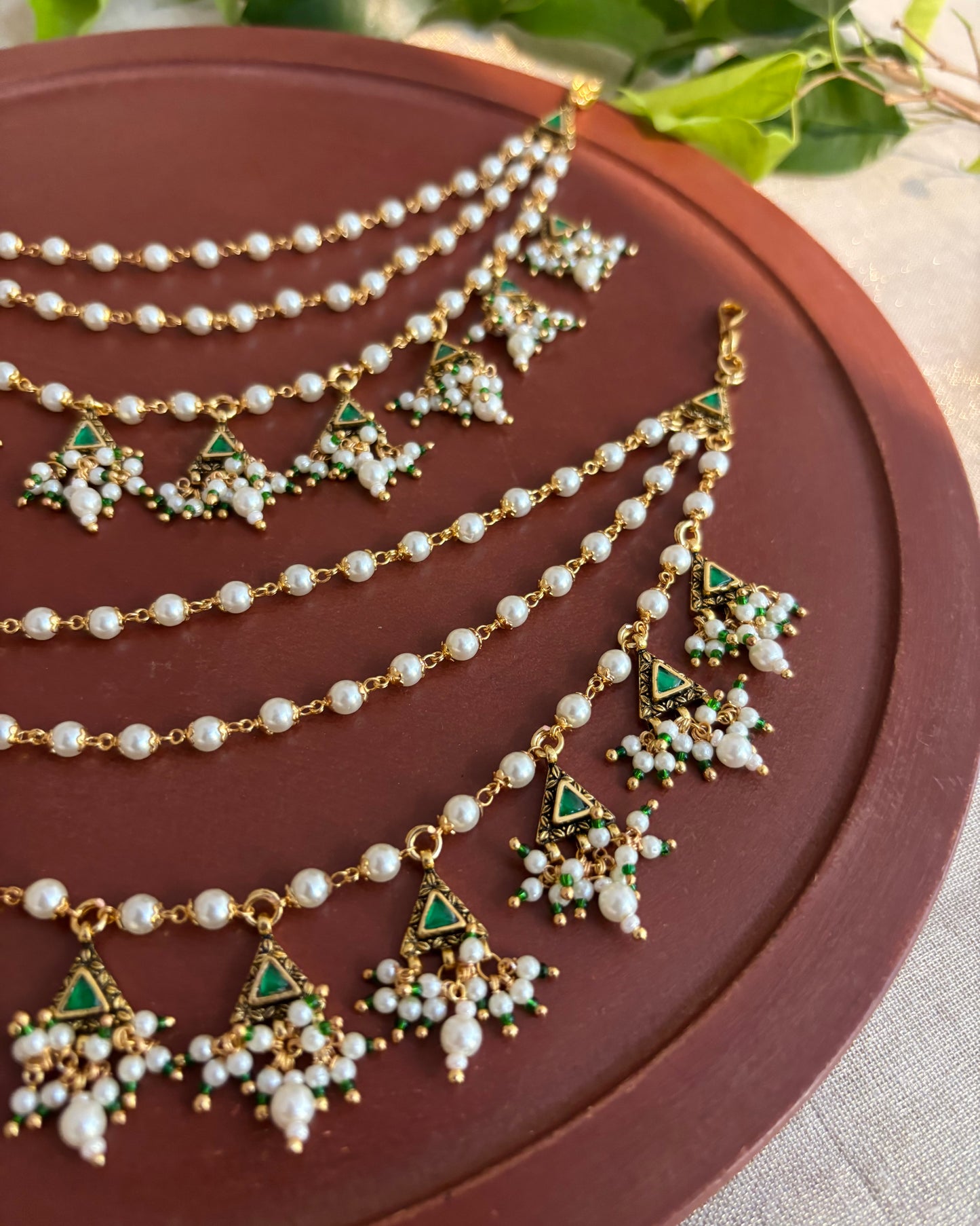 Green Gold Plated Jadau Kundan Ear Chain | EC124