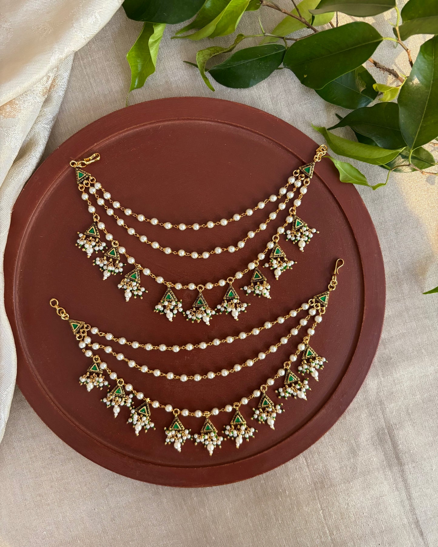 Green Gold Plated Jadau Kundan Ear Chain | EC124