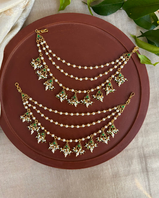 Green Gold Plated Jadau Kundan Ear Chain | EC124