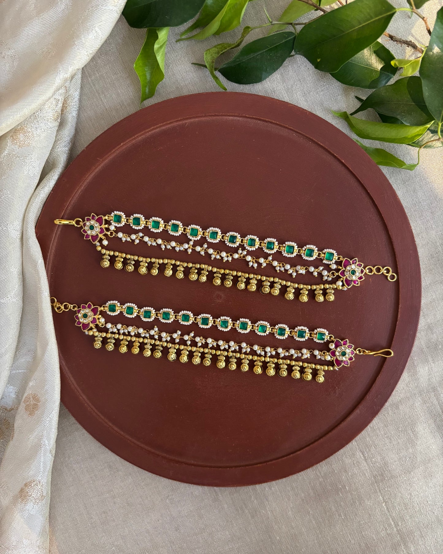 Green Color Gold Plated Jadau Kundan Ear Chain | EC113