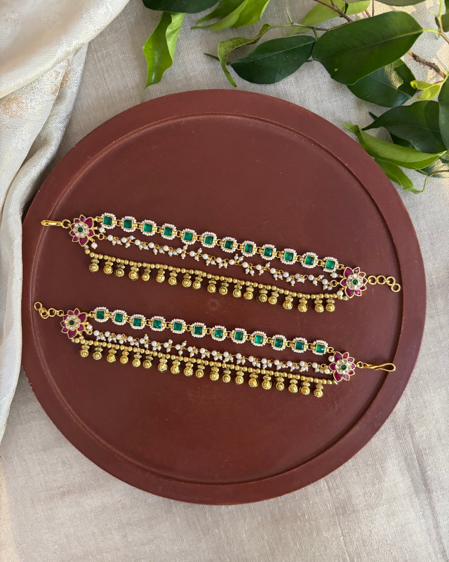 Green Color Gold Plated Jadau Kundan Ear Chain | EC113