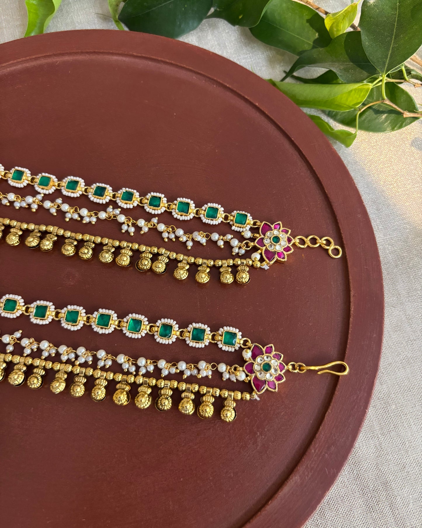 Green Color Gold Plated Jadau Kundan Ear Chain | EC113