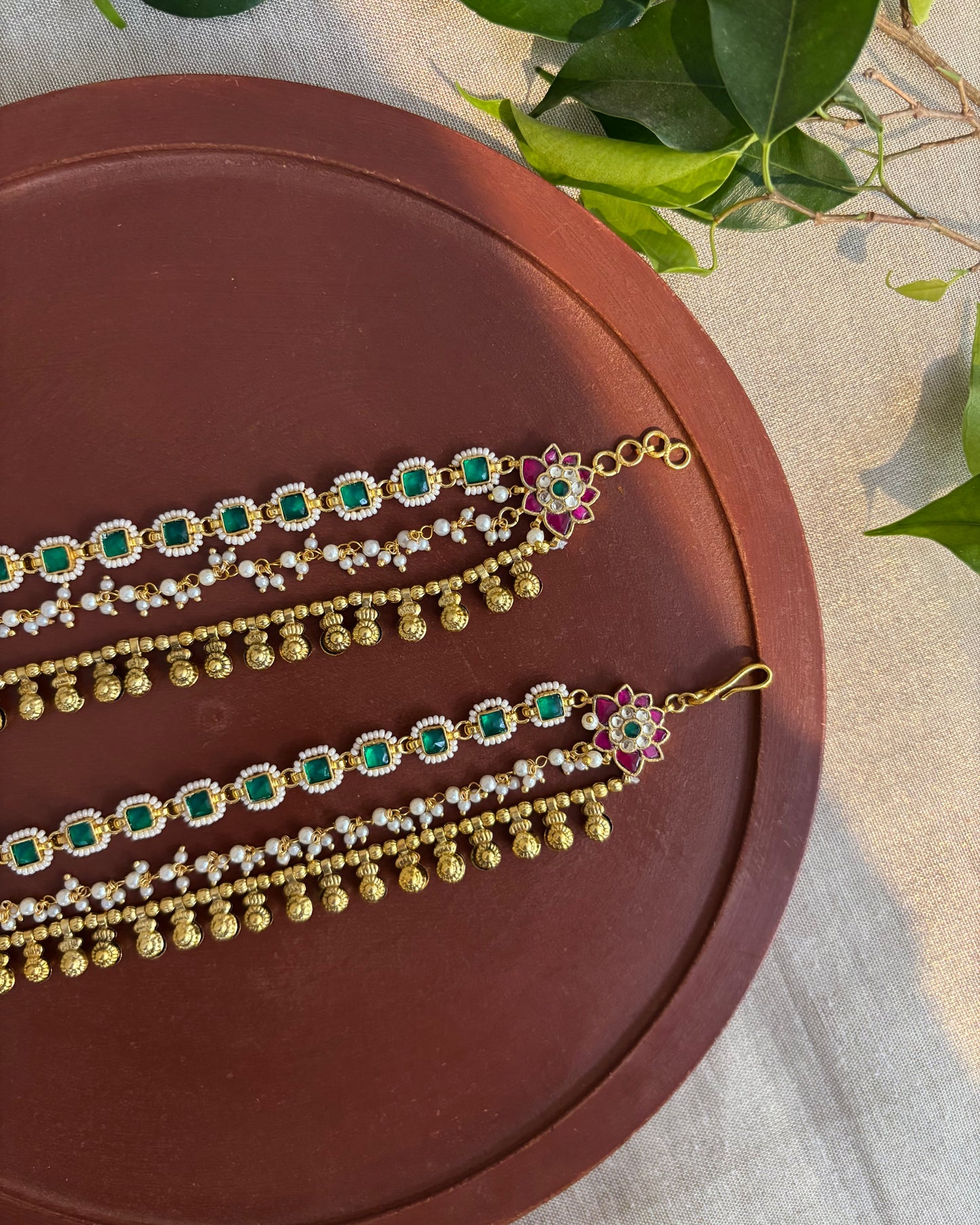 Green Color Gold Plated Jadau Kundan Ear Chain | EC113