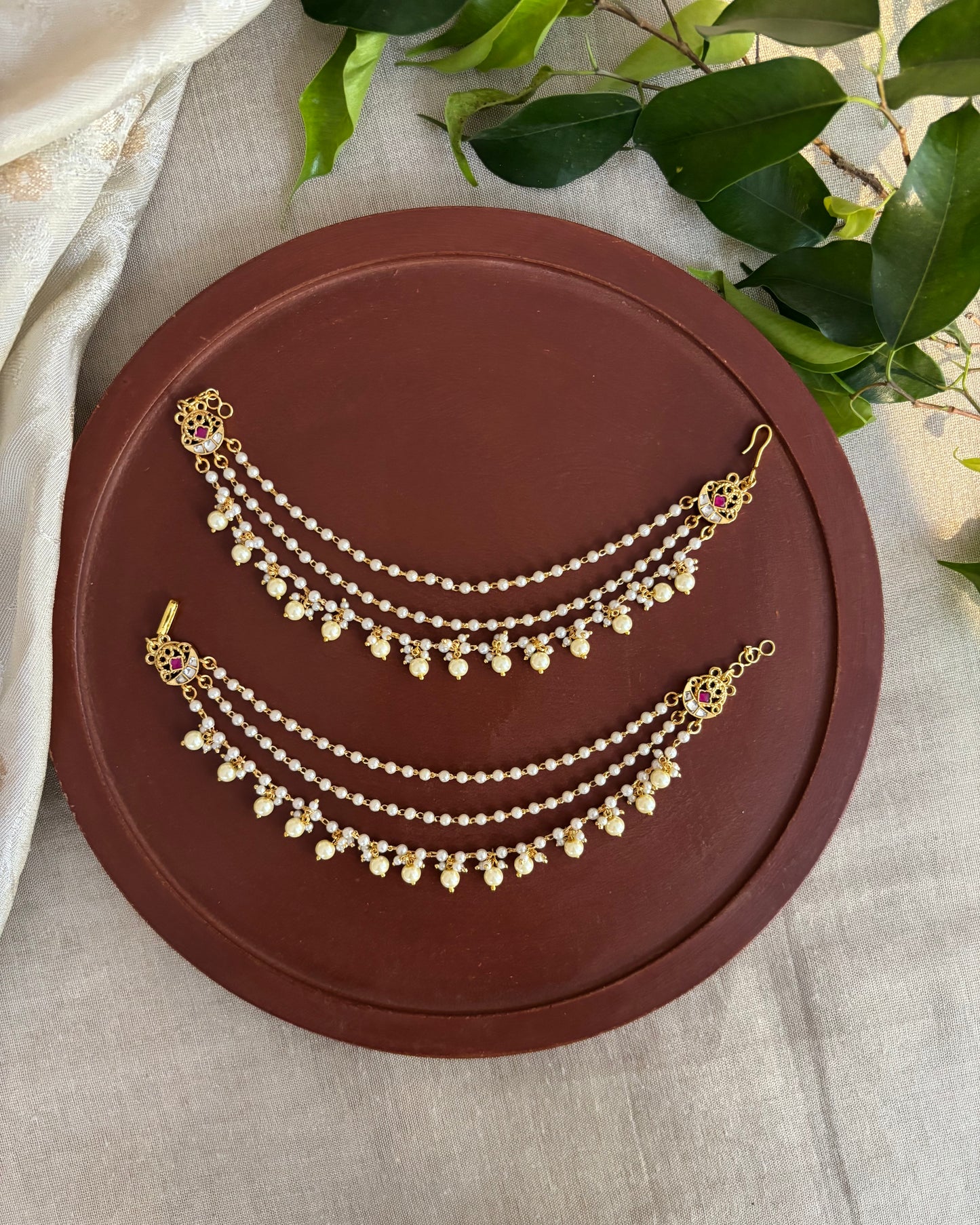 Minimal 3-Layer Pearl Kundan Ear Chain | EC114