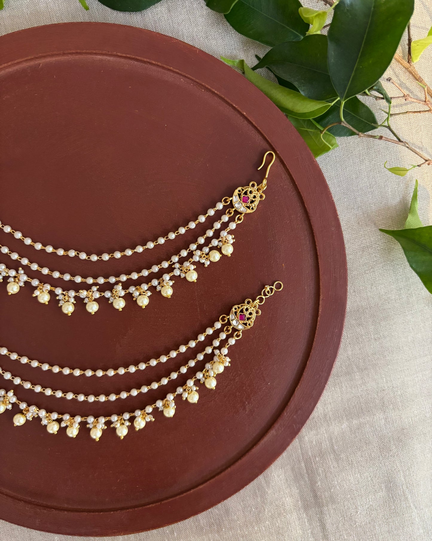 Minimal 3-Layer Pearl Kundan Ear Chain | EC114