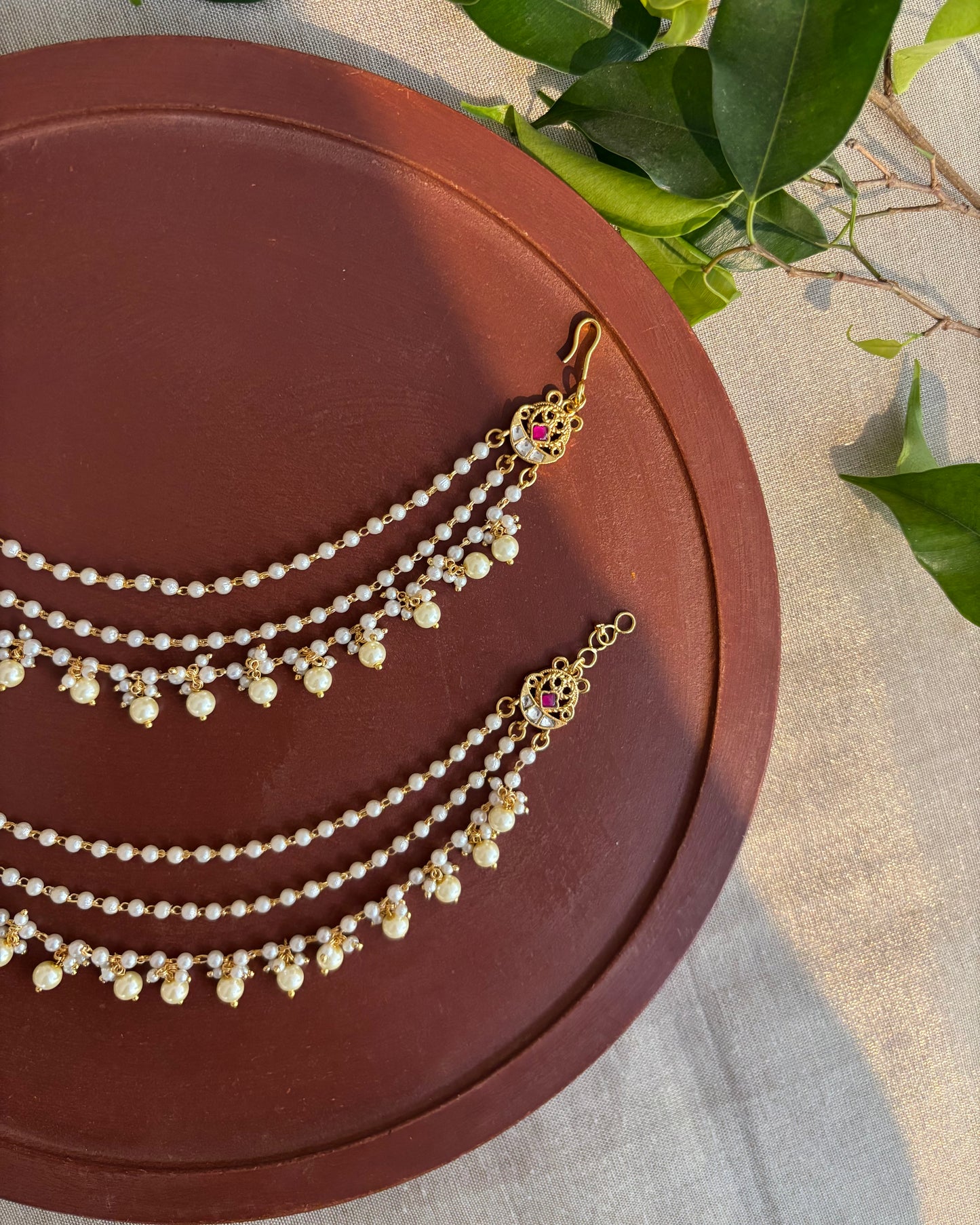 Minimal 3-Layer Pearl Kundan Ear Chain | EC114