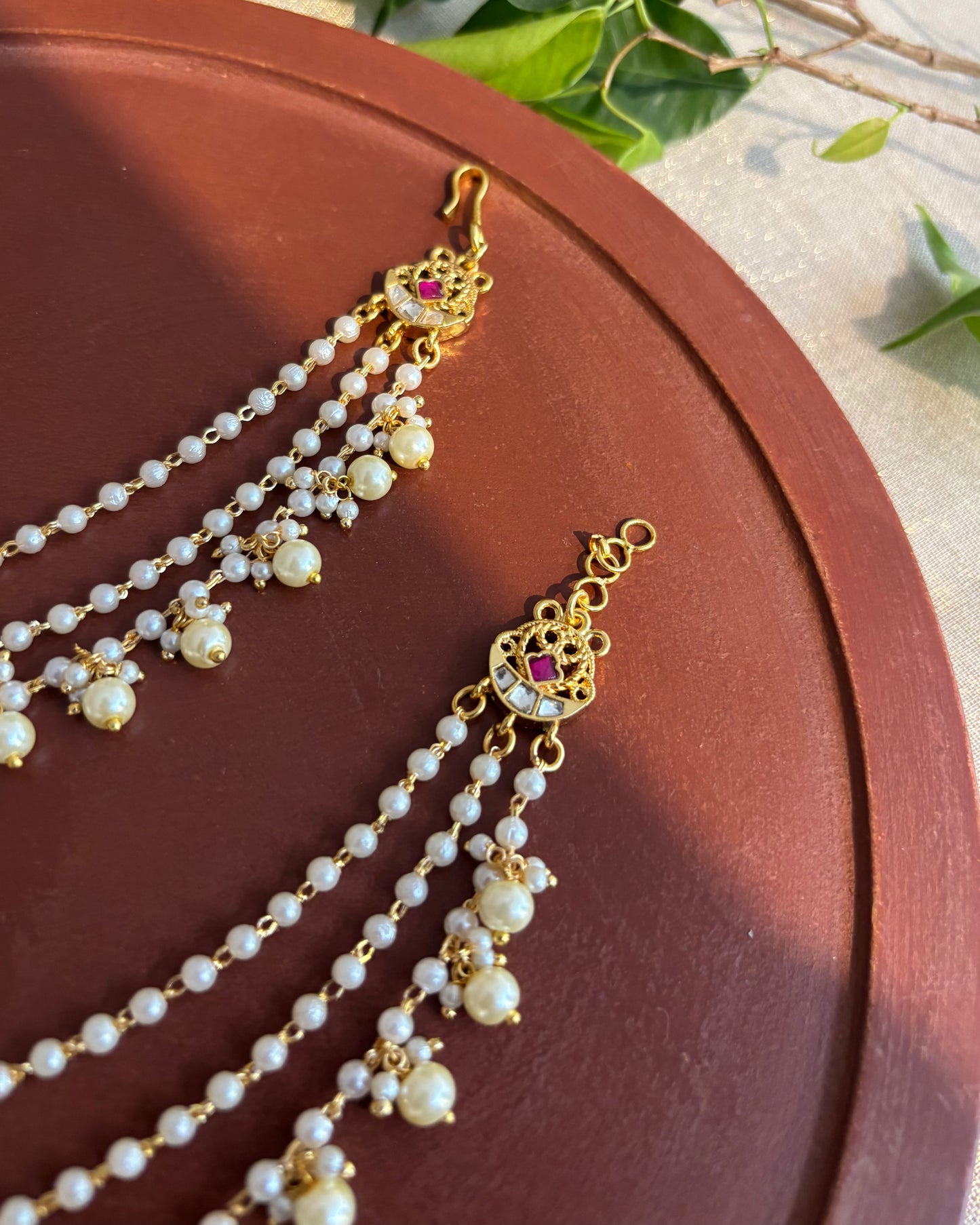 Minimal 3-Layer Pearl Kundan Ear Chain | EC114