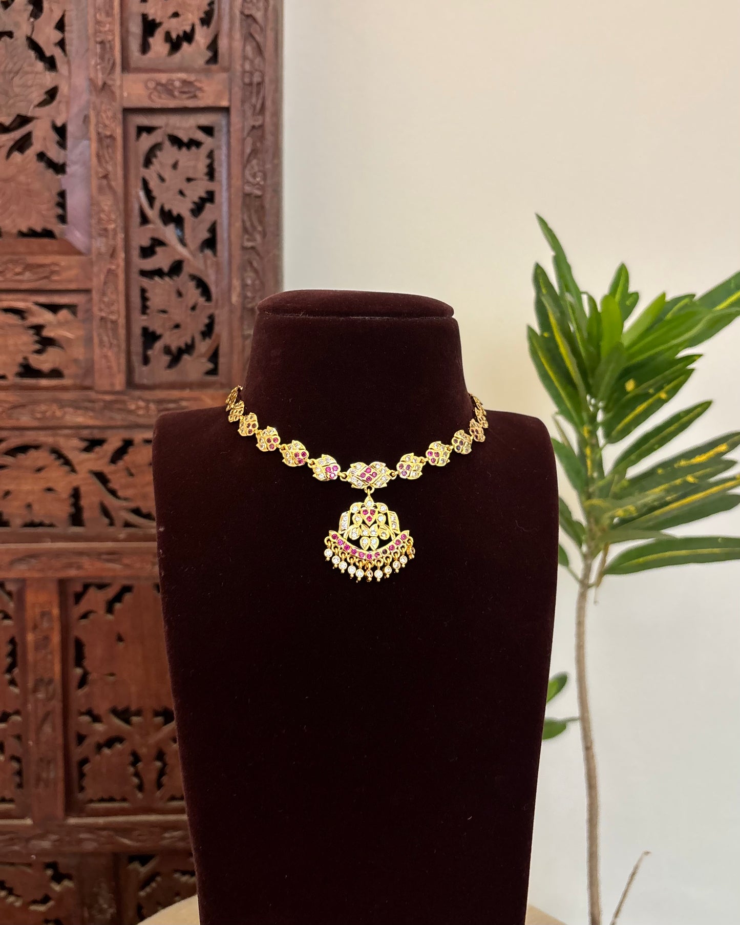 Vintage Impon Necklace With Earrings  –  Ruby & White | NC645