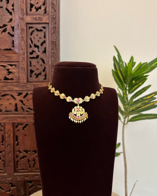 Vintage Impon Necklace With Earrings  –  Ruby & White | NC645