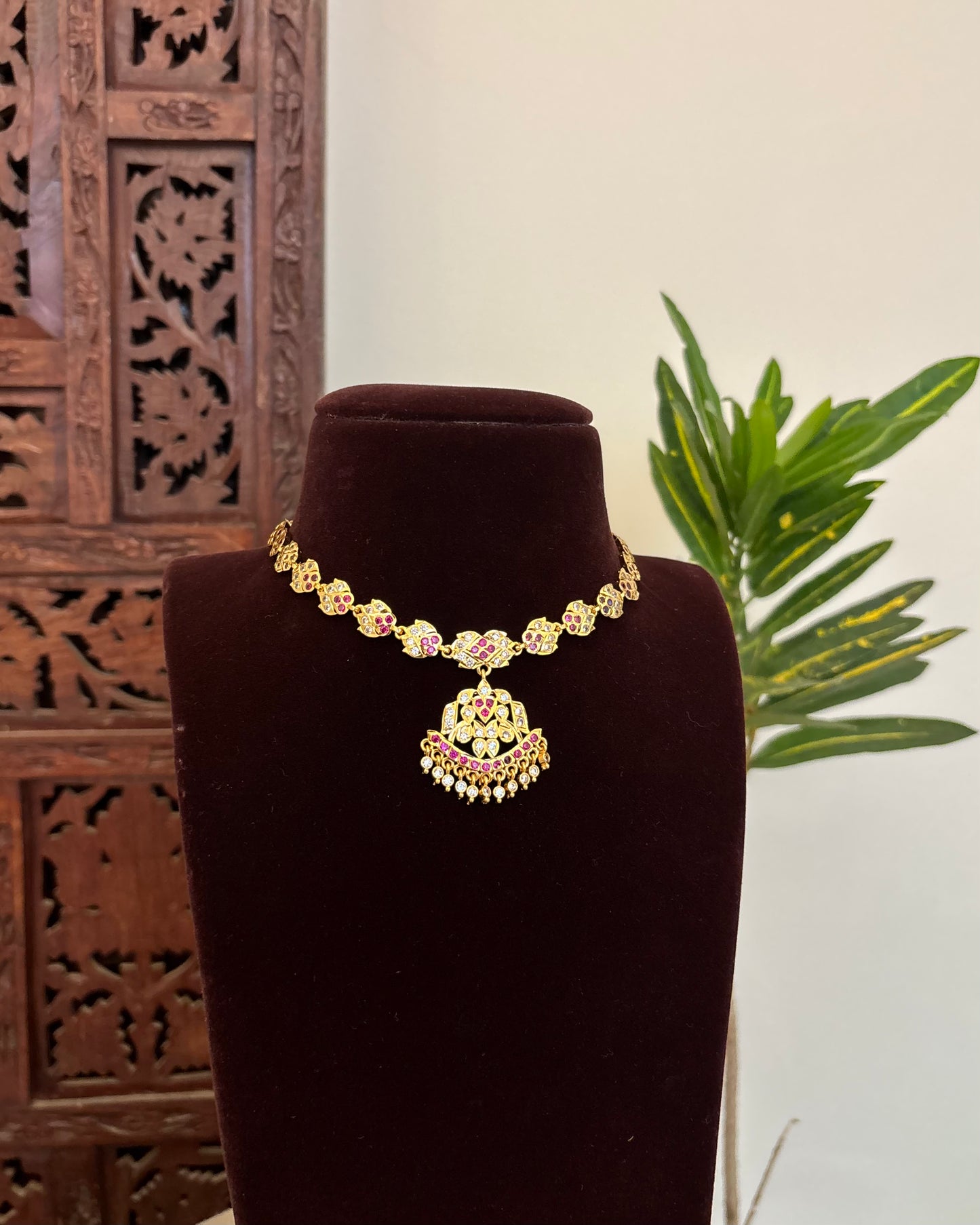 Vintage Impon Necklace With Earrings  –  Ruby & White | NC645