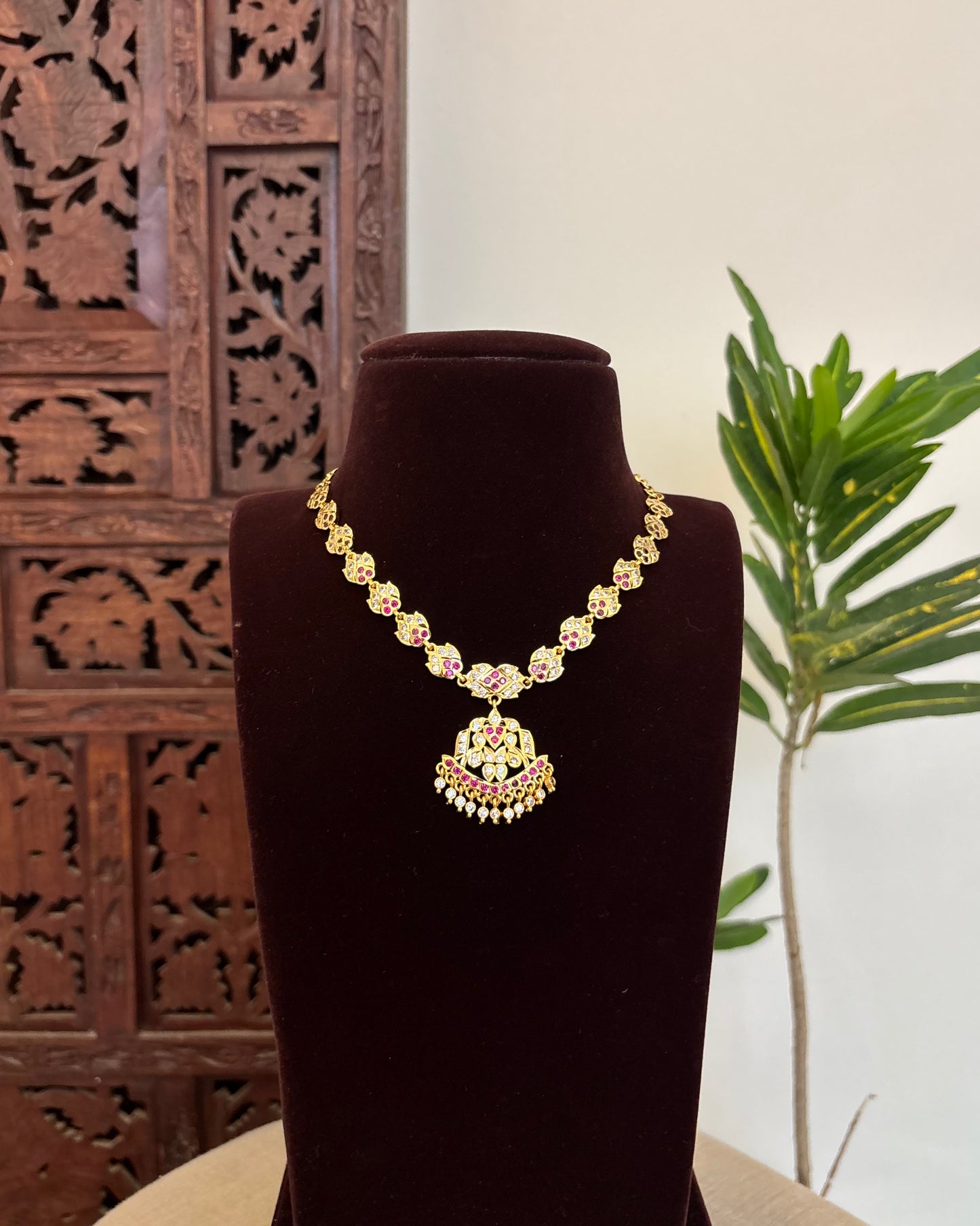 Vintage Impon Necklace With Earrings  –  Ruby & White | NC645