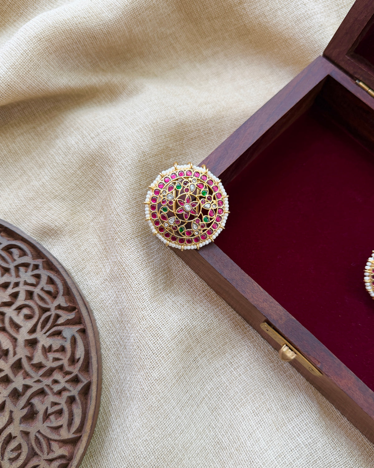 Ethnic Sun & Moon Jadau Kundan Hair Accessory | Ruby and White | HA421