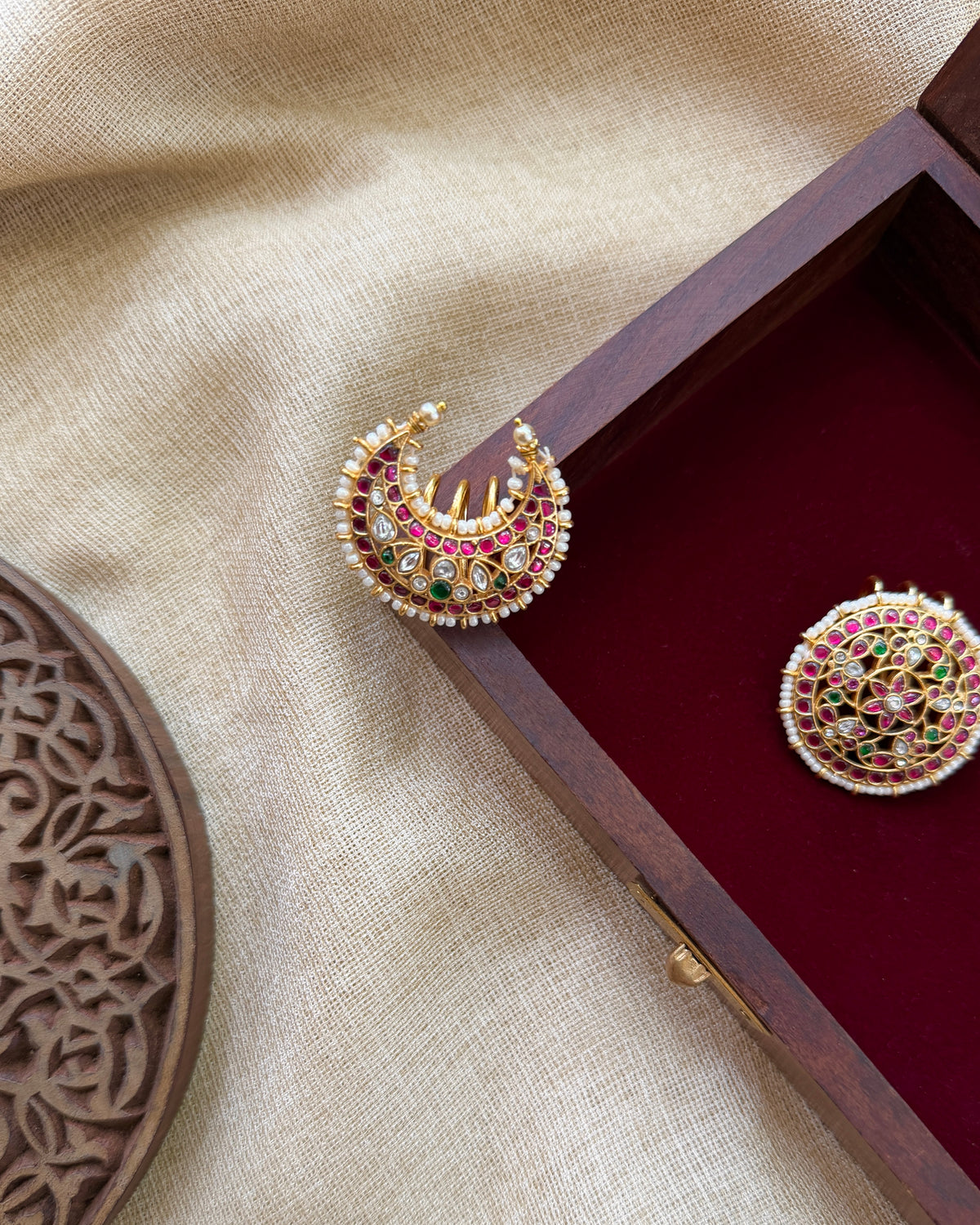 Ethnic Sun & Moon Jadau Kundan Hair Accessory | Ruby and White | HA421