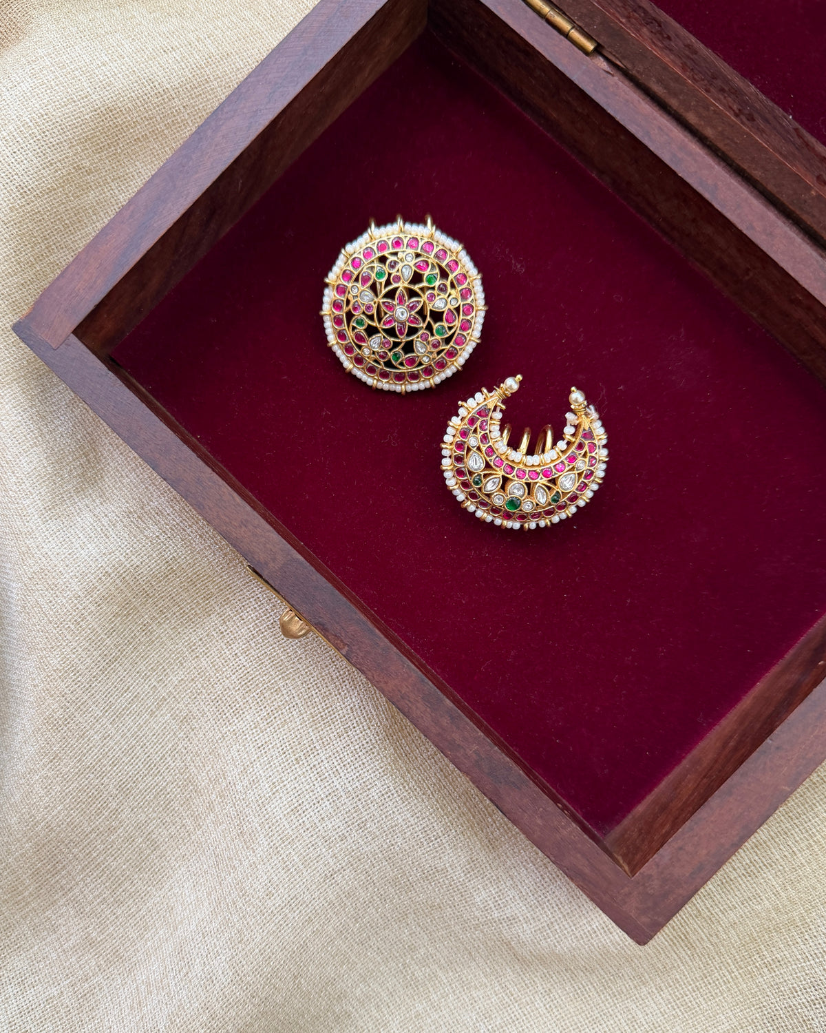 Ethnic Sun & Moon Jadau Kundan Hair Accessory | Ruby and White | HA421