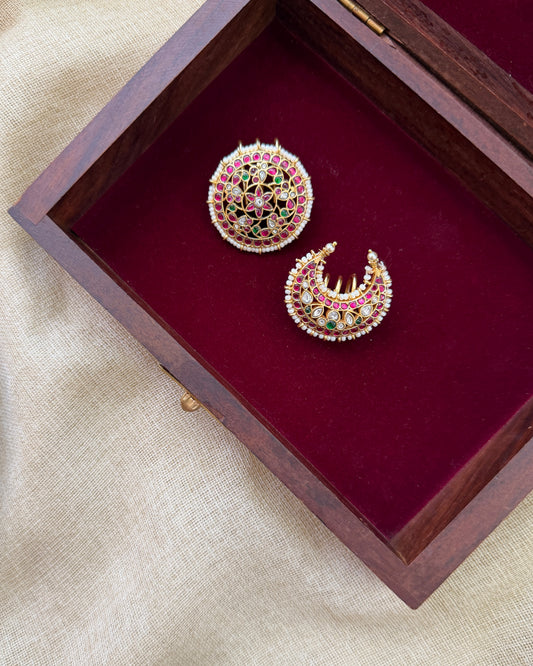 Ethnic Sun & Moon Jadau Kundan Hair Accessory | Ruby and White | HA421