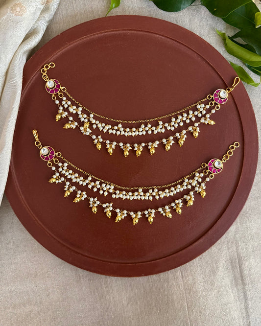 Gold Plated Triple Layered Jadau Kundan Pearl Ear Chain | EC119
