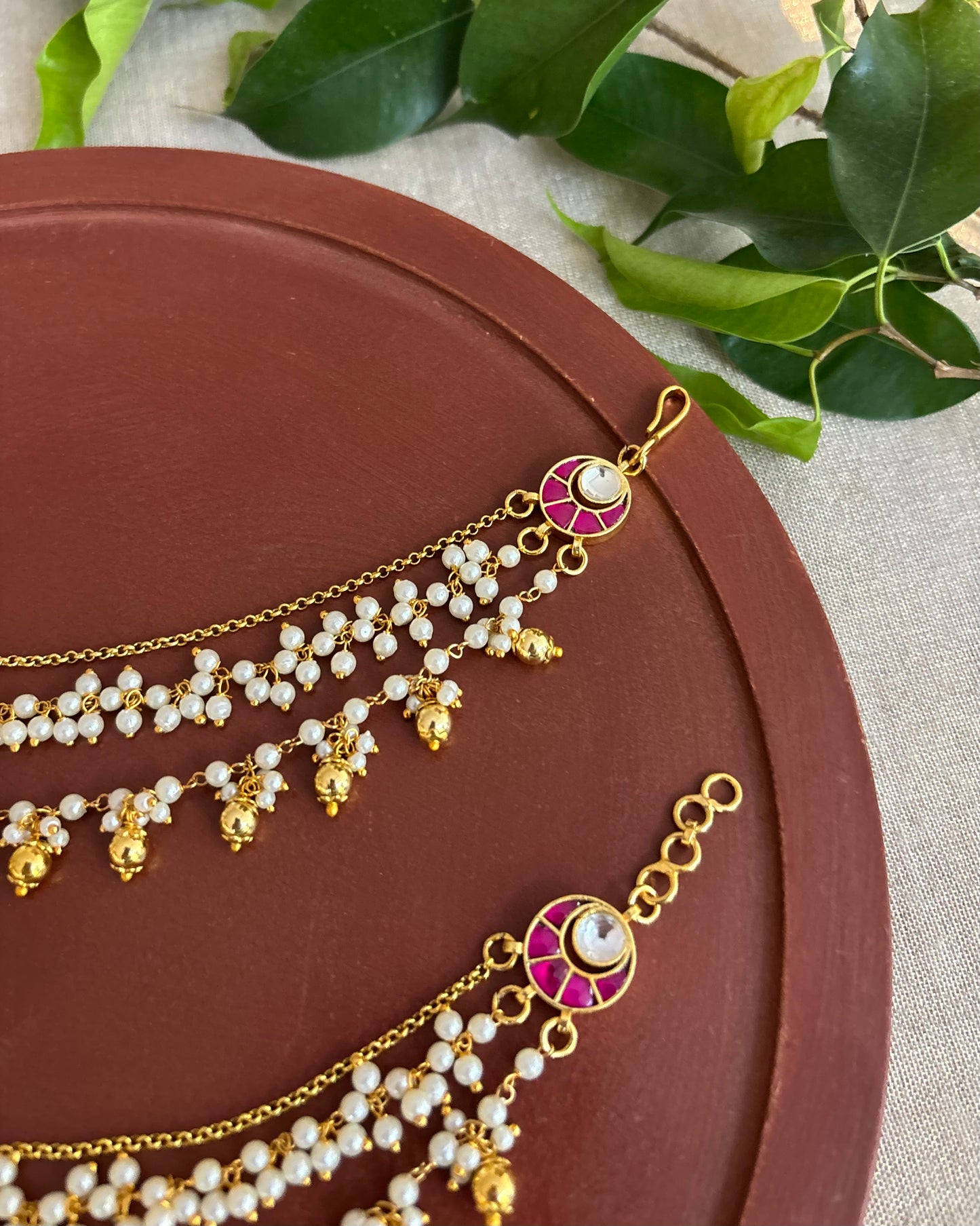 Gold Plated Triple Layered Jadau Kundan Pearl Ear Chain | EC119