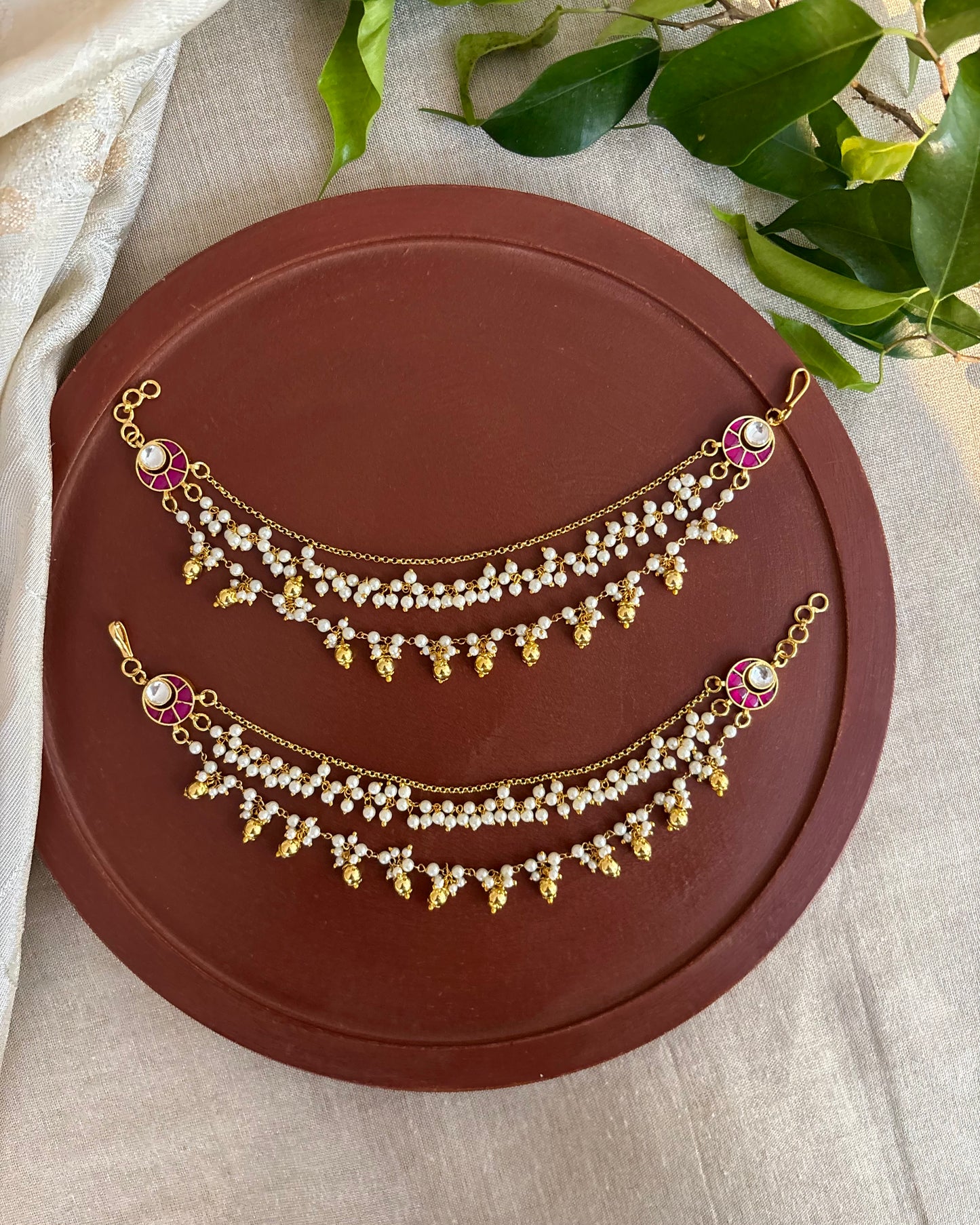Gold Plated Triple Layered Jadau Kundan Pearl Ear Chain | EC119