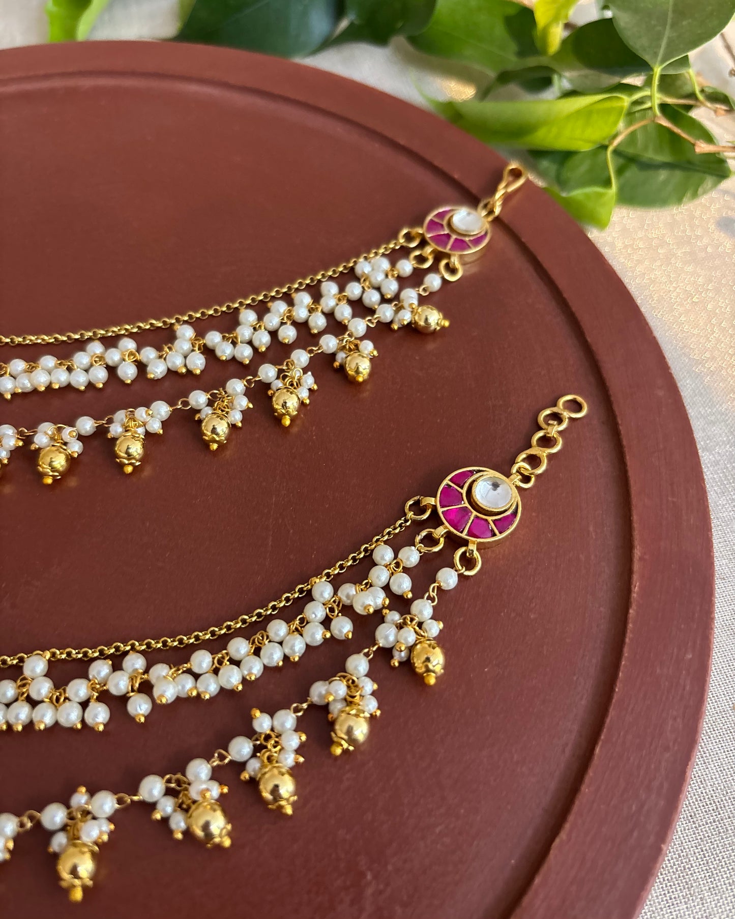 Gold Plated Triple Layered Jadau Kundan Pearl Ear Chain | EC119