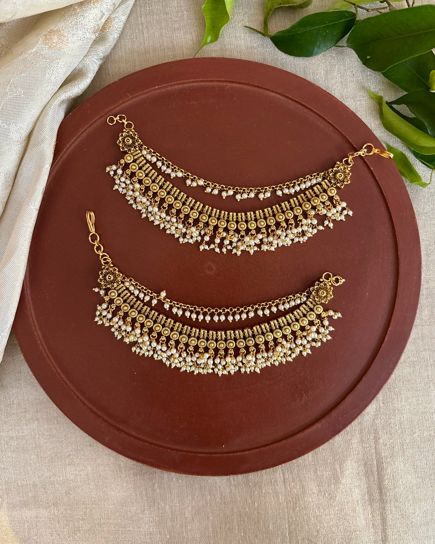 Gold Finish Pearl Three-Layer Ear Chain | EC122