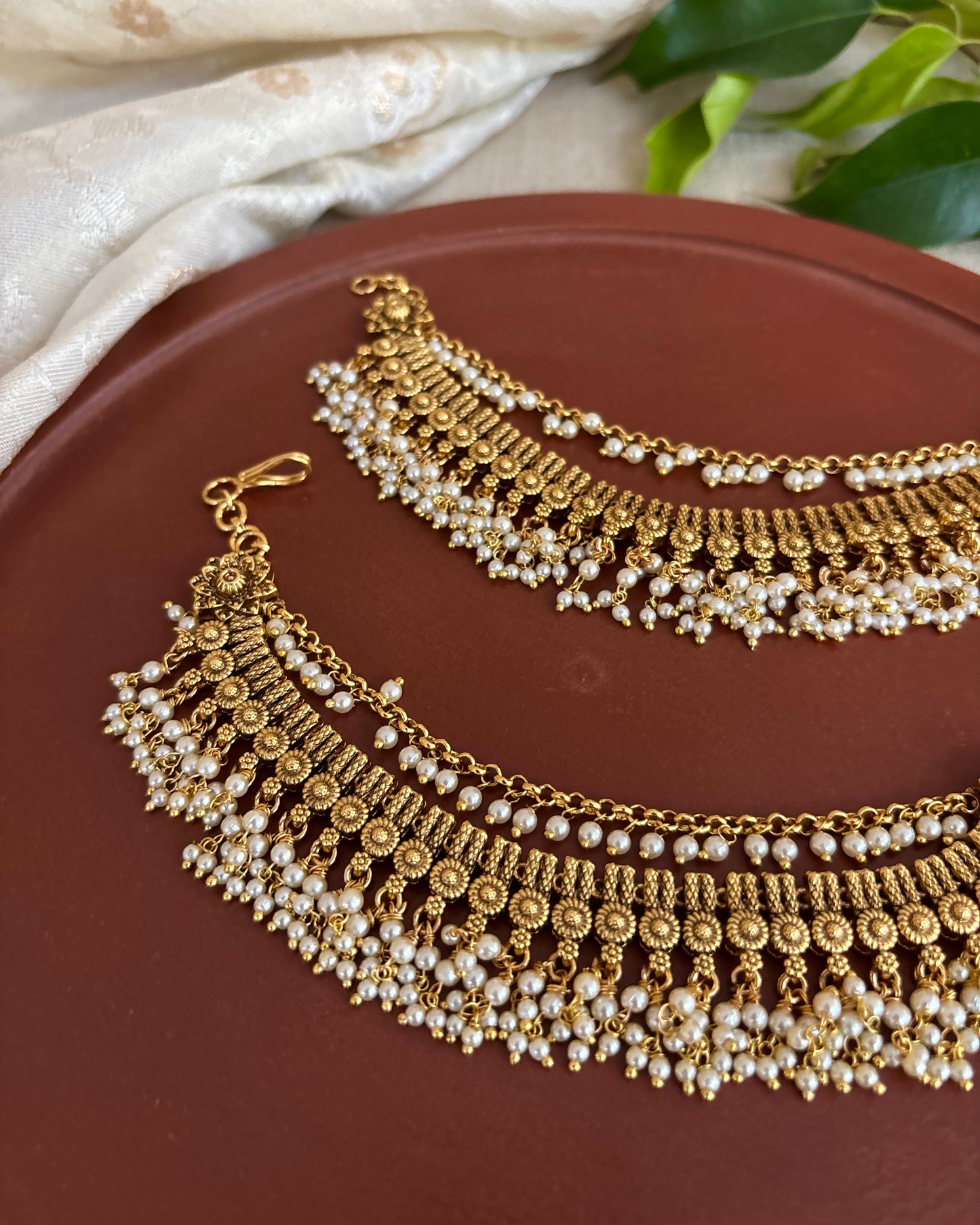 Gold Finish Pearl Three-Layer Ear Chain | EC122