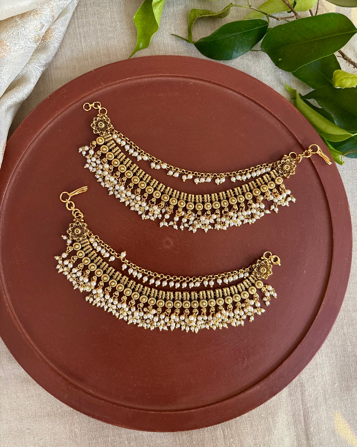 Gold Finish Pearl Three-Layer Ear Chain | EC122