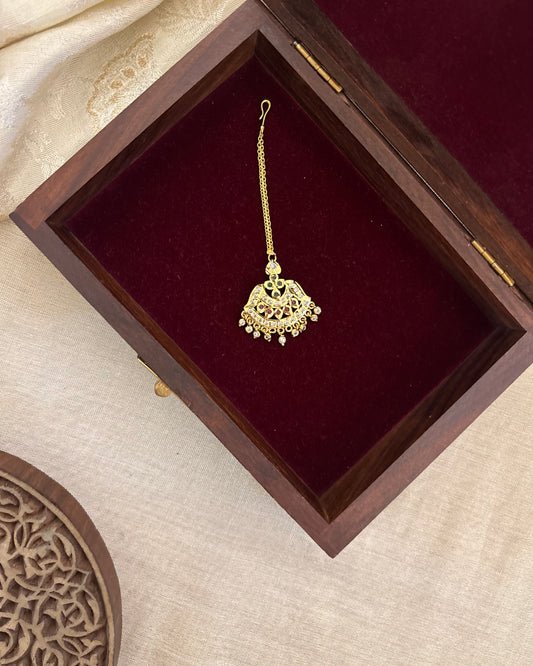 Vintage Impon Floral Maang Tikka | Ruby & White |  MT308