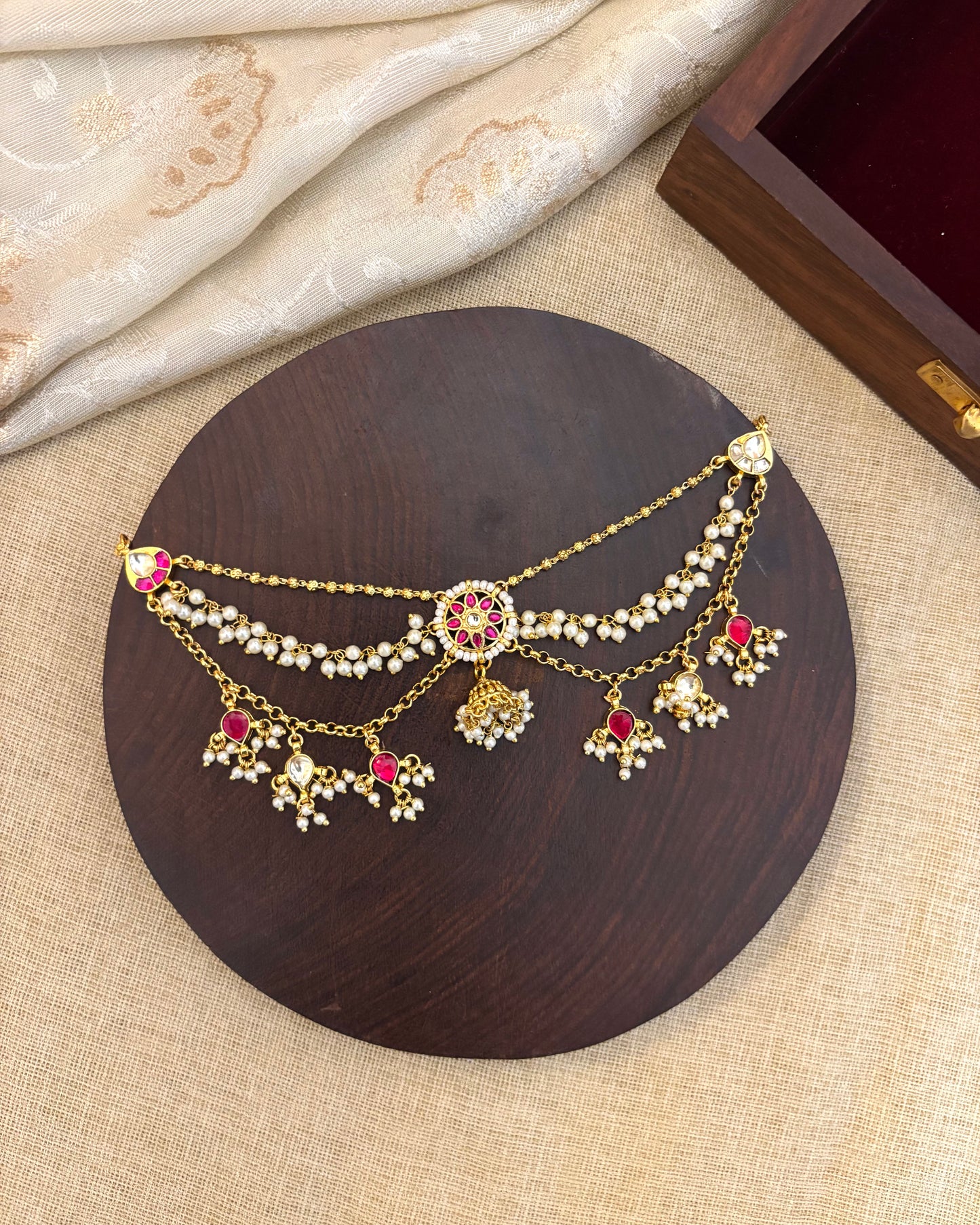 Gold Plated Jadau Kundan Jhumka with Side Chain Hair Accessory | HA125