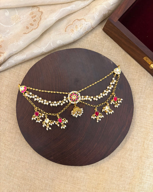 Gold Plated Jadau Kundan Jhumka with Side Chain Hair Accessory | HA125