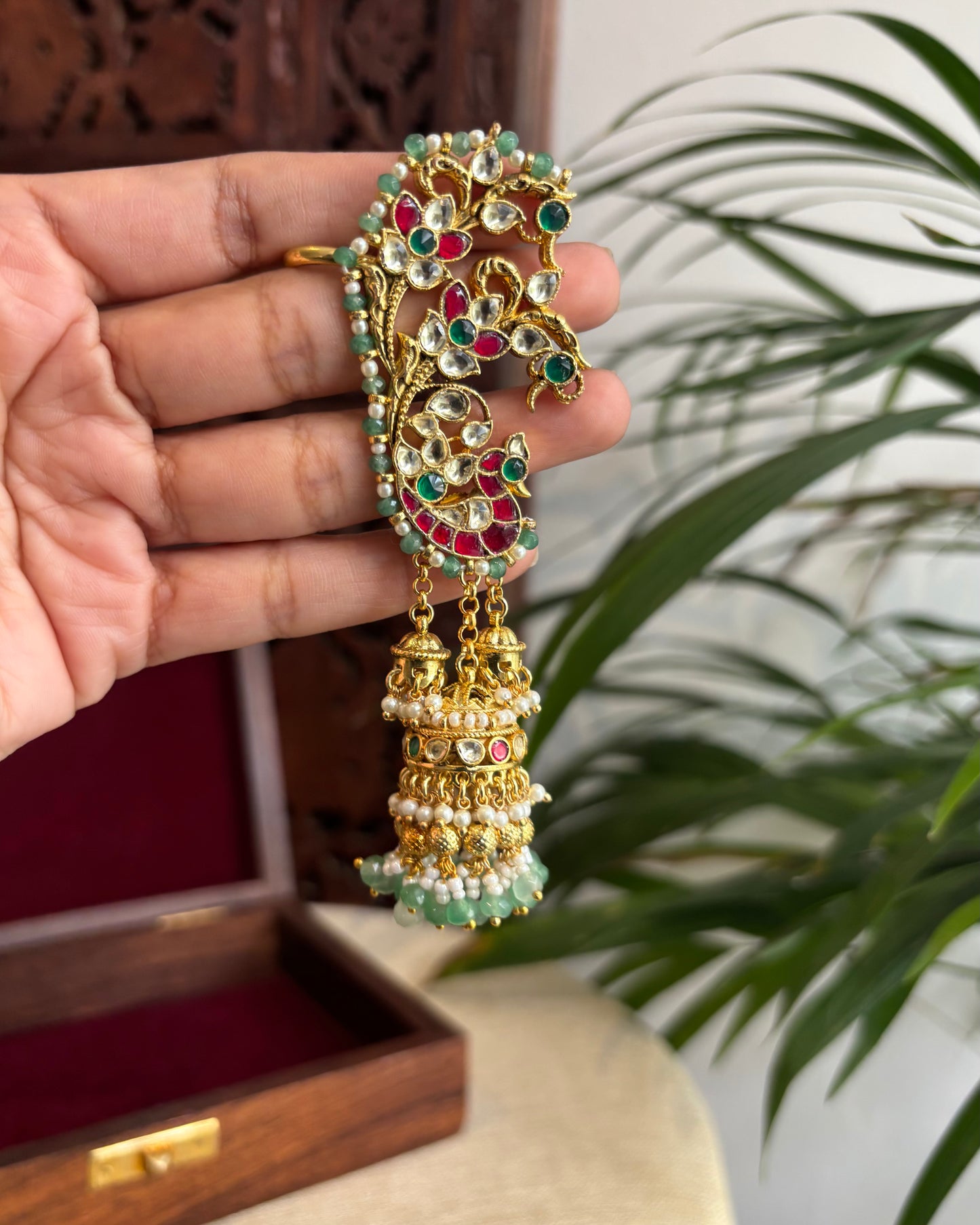 Statement Contemporary Peacock Ear Cuff Jhumkas – Intricate Kundan Design | ER231