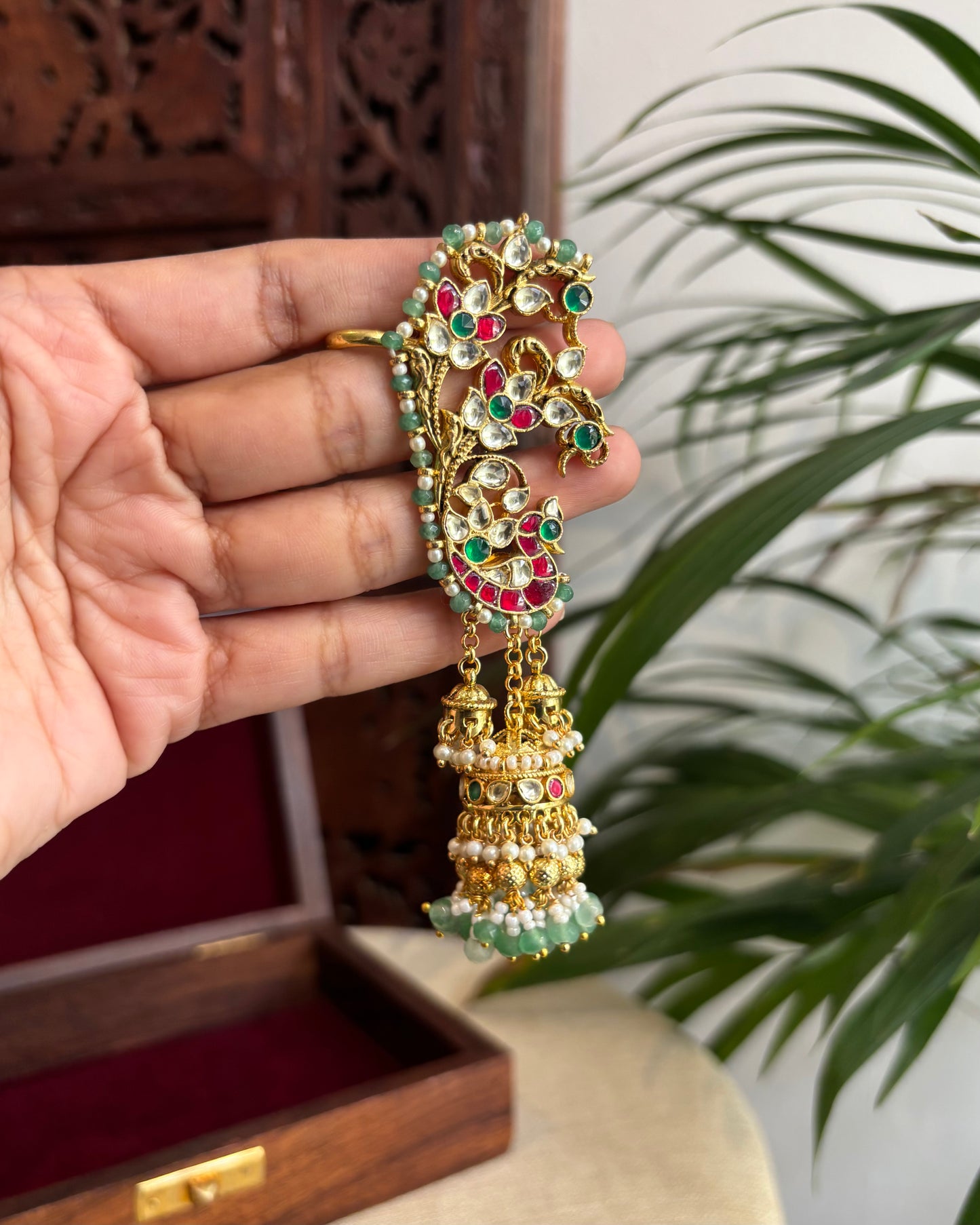 Statement Contemporary Peacock Ear Cuff Jhumkas – Intricate Kundan Design | ER231