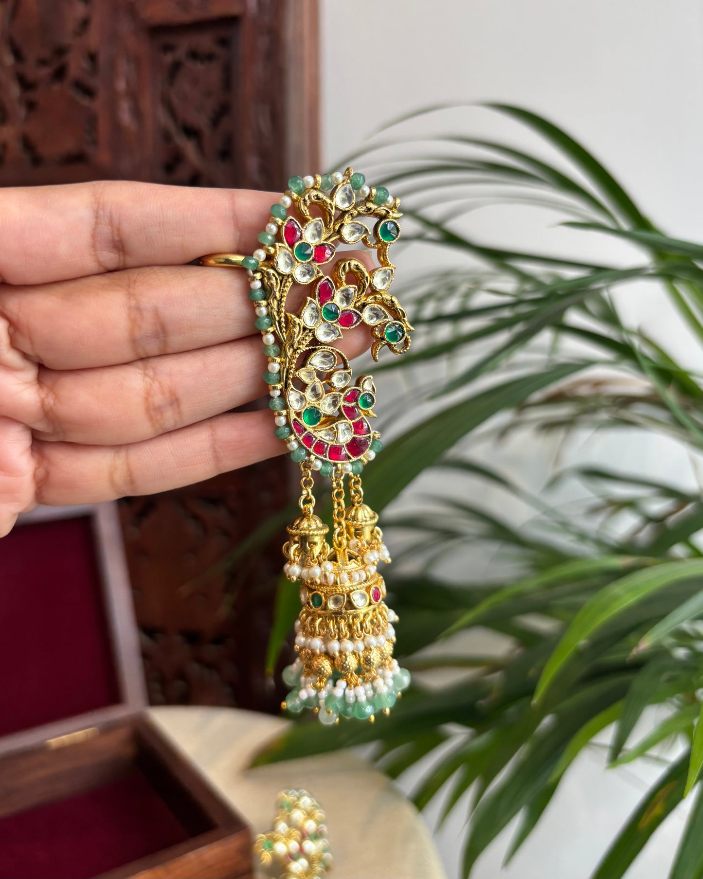 Statement Contemporary Peacock Ear Cuff Jhumkas – Intricate Kundan Design | ER231
