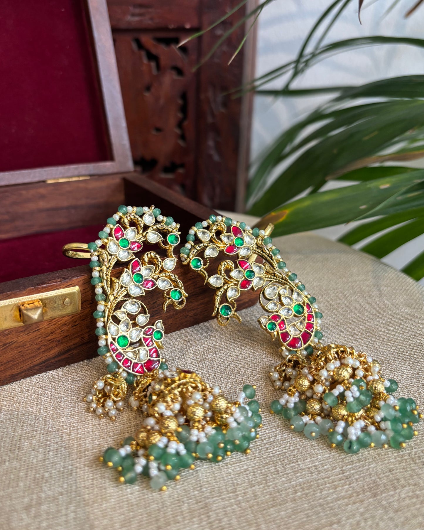 Statement Contemporary Peacock Ear Cuff Jhumkas – Intricate Kundan Design | ER231