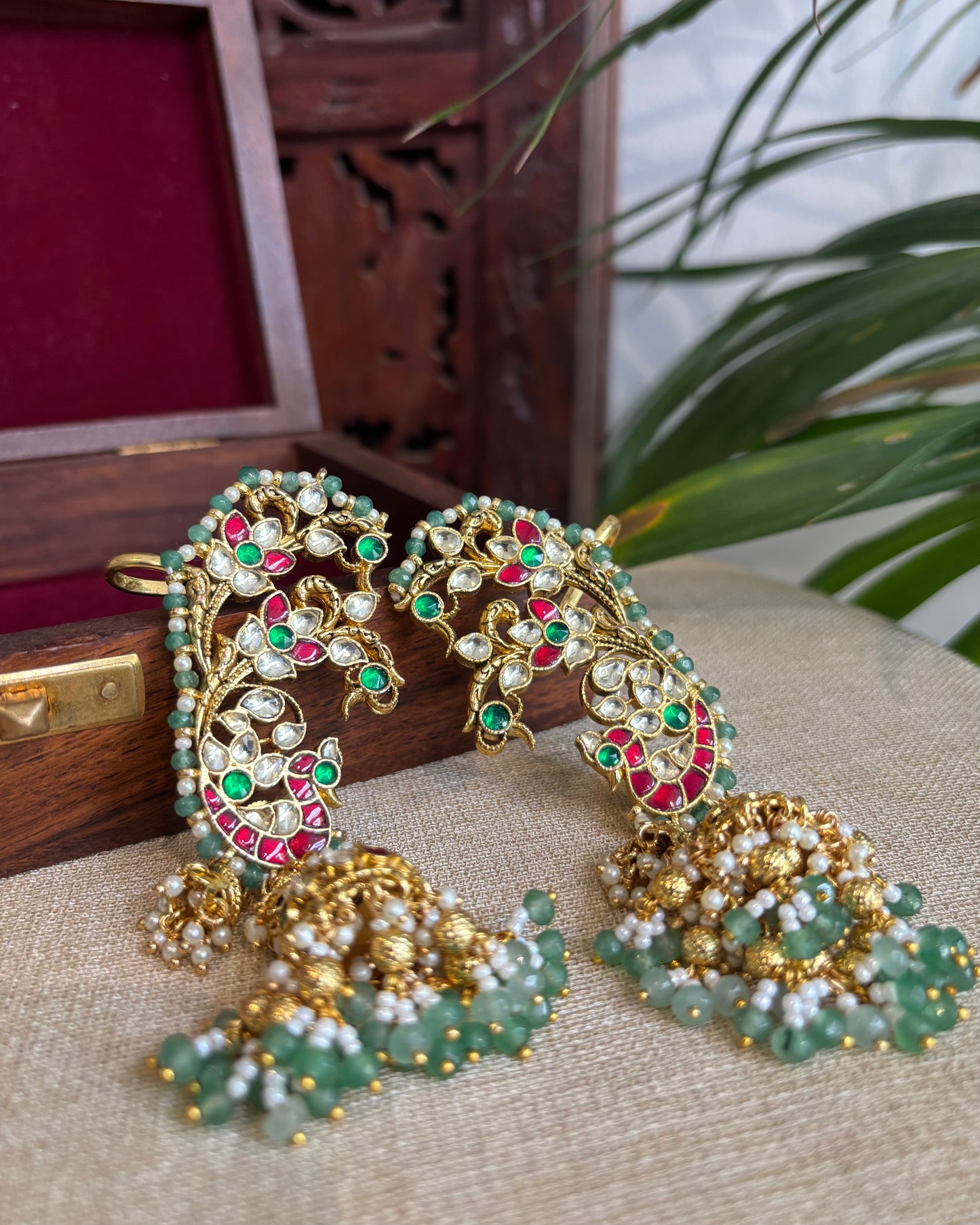 Statement Contemporary Peacock Ear Cuff Jhumkas – Intricate Kundan Design | ER231