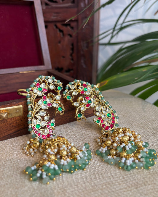 Statement Contemporary Peacock Ear Cuff Jhumkas – Intricate Kundan Design | ER231