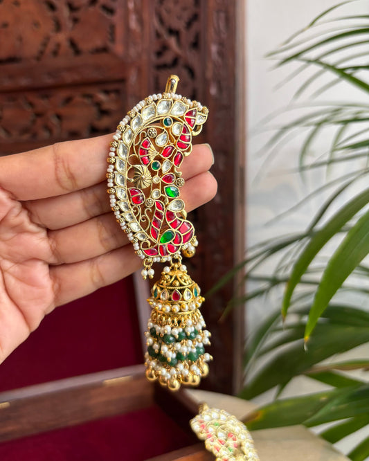 Statement Royal Peacock Ear Cuff Jhumkas – Intricate Kundan Design | ER232
