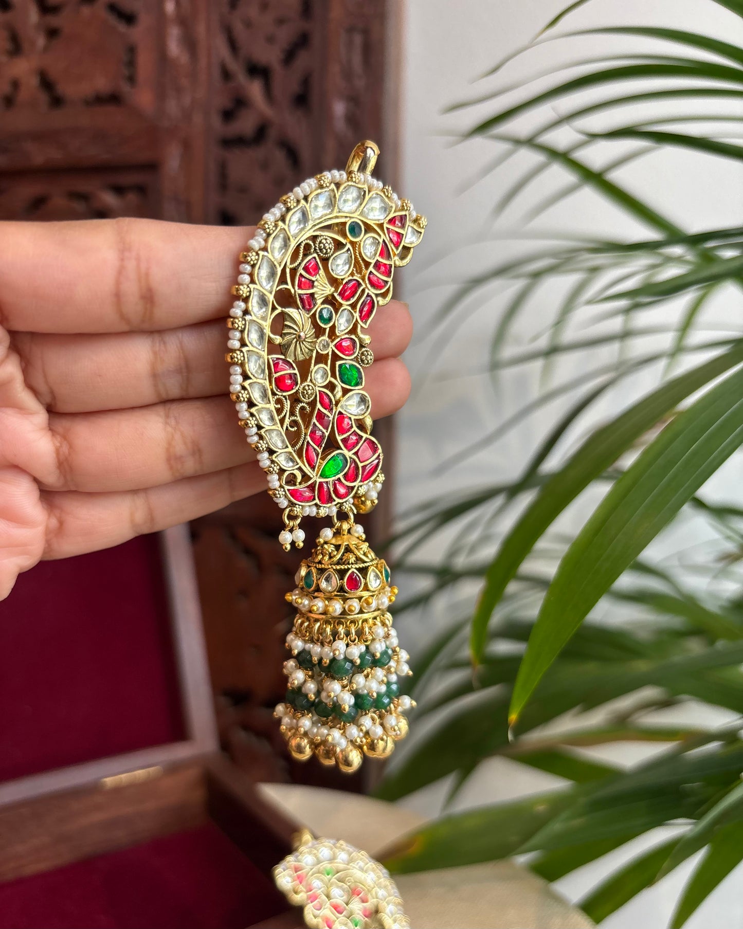Statement Royal Peacock Ear Cuff Jhumkas – Intricate Kundan Design | ER232