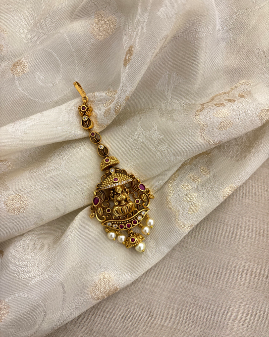 Antique lakshmi Motif Maang Tikka | Ruby & White | MT314
