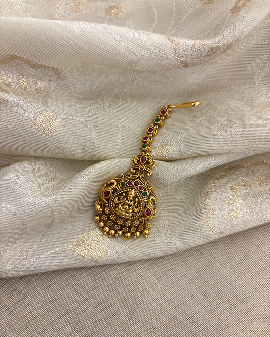 Antique Lakshmi Motif Maang Tikka | Ruby & Green | MT315