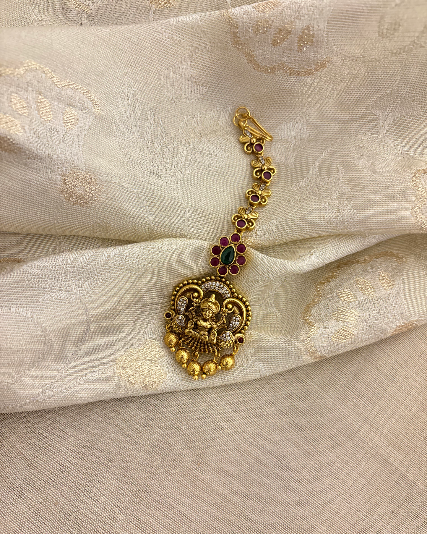 Antique Lakshmi Motif Maang Tikka | Ruby & Green | MT318