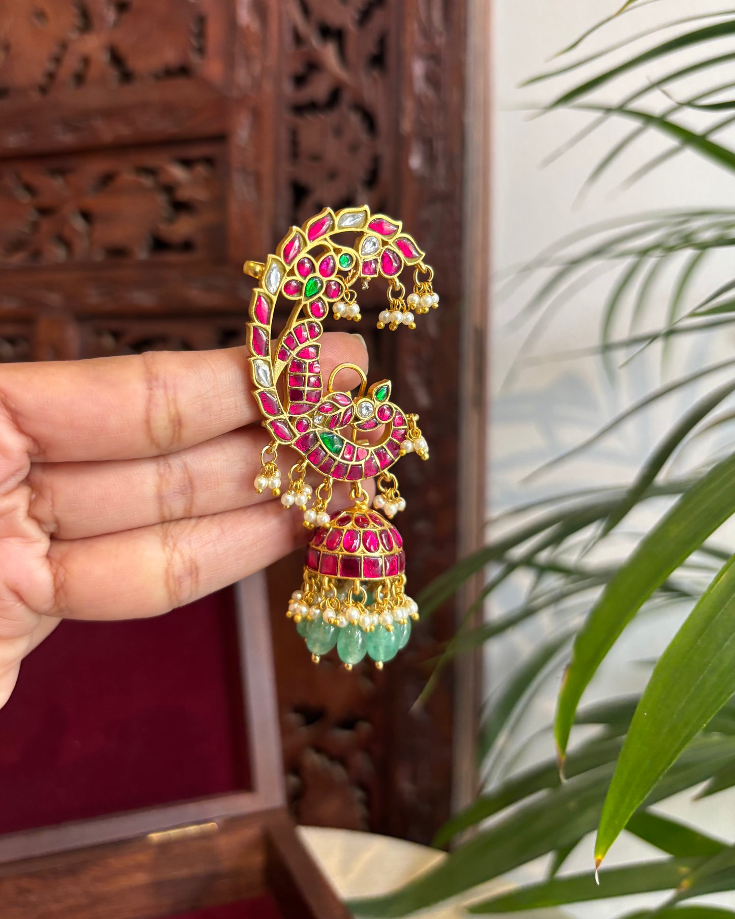 Regal Peacock Ear Cuff Jhumkas – Intricate Kundan Design | ER230