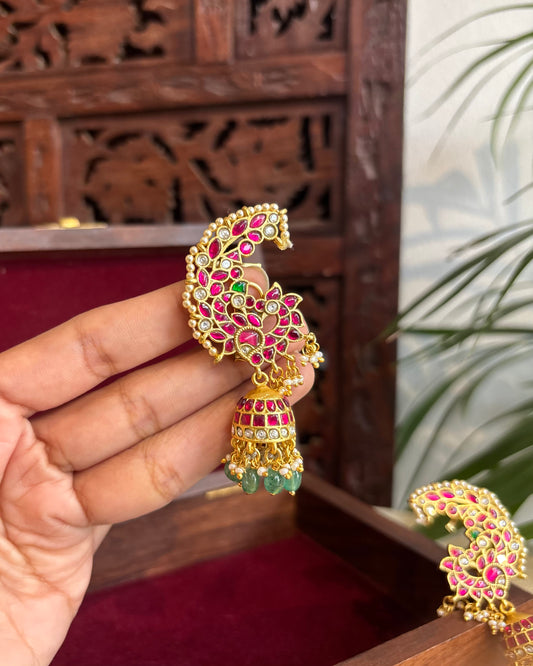 Regal Peacock Ear Cuff Jhumkas – Intricate Kundan Design | ER235